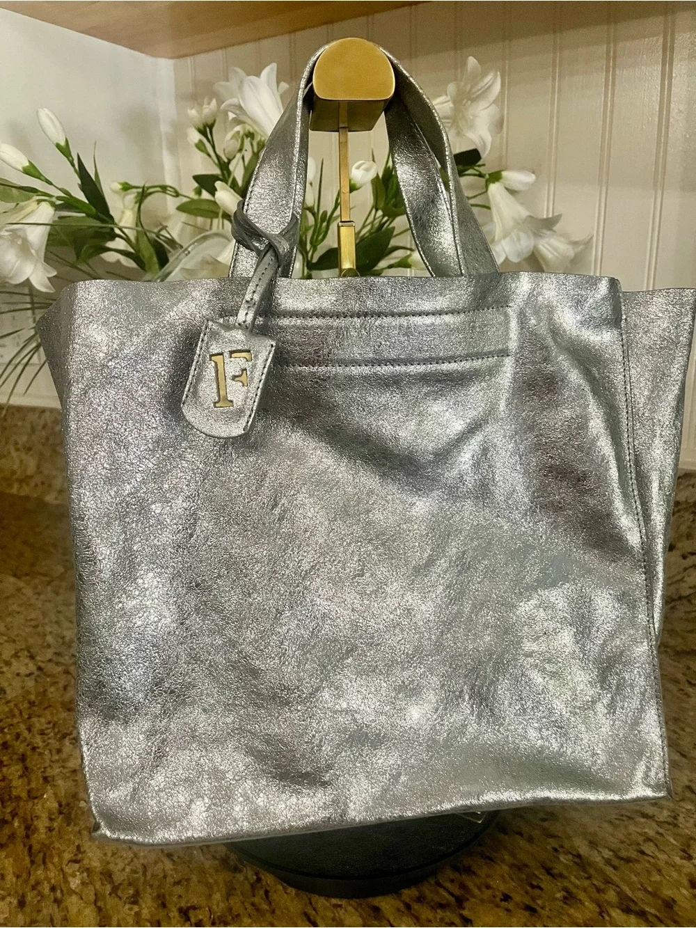 GUC Furla Silver Metallic Tote Bag with F Charm